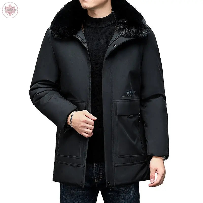 Winter Men's Cotton Clothes In Young People's Casual New Solid Color Fur Collar Removable Cotton Clothes In Long Business Suit  Lamiiche