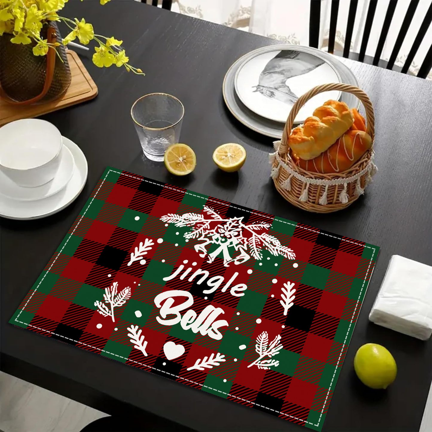 Christmas Tree Elk Printed Meal Mat Christmas Striped Checkered Table Mat White Hemp Western Food Mat