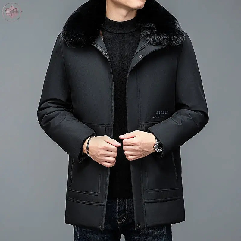 Winter Men's Cotton Clothes In Young People's Casual New Solid Color Fur Collar Removable Cotton Clothes In Long Business Suit  Lamiiche