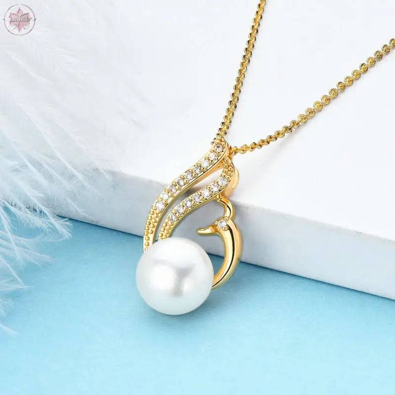 Little Swan White Freshwater Pearl Necklace Women's Fashion and Elegance Gold Wrapped Pendant - Lamiiche