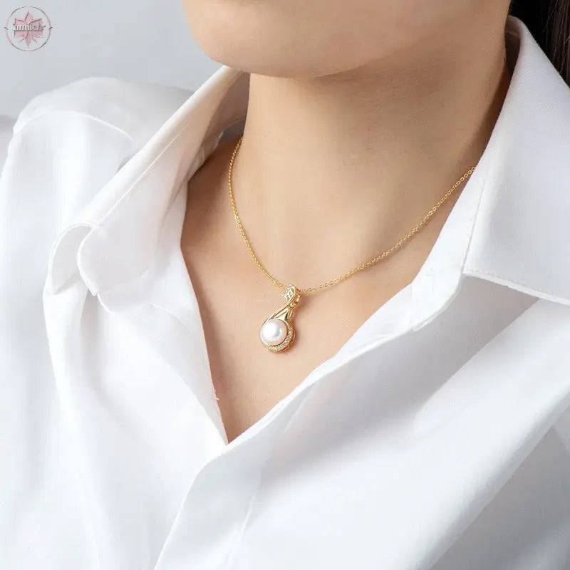 Little Swan White Freshwater Pearl Necklace Women's Fashion and Elegance Gold Wrapped Pendant - Lamiiche