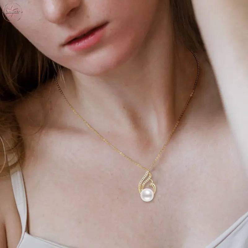 Little Swan White Freshwater Pearl Necklace Women's Fashion and Elegance Gold Wrapped Pendant - Lamiiche