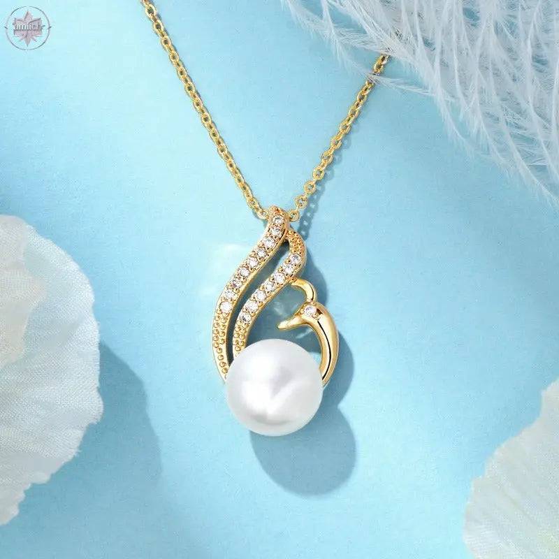 Little Swan White Freshwater Pearl Necklace Women's Fashion and Elegance Gold Wrapped Pendant - Lamiiche