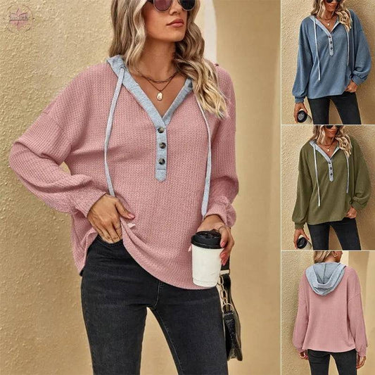 Casual Sports Button Hooded Sweatshirt Loose Long Sleeves Hoodies Fashion Solid Tops Womens Clothing - Lamiiche