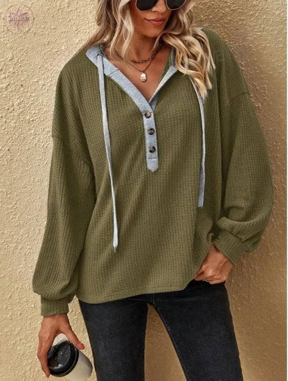 Casual Sports Button Hooded Sweatshirt Loose Long Sleeves Hoodies Fashion Solid Tops Womens Clothing - Lamiiche