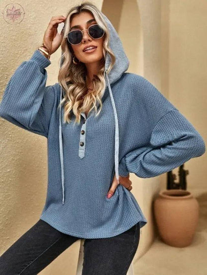 Casual Sports Button Hooded Sweatshirt Loose Long Sleeves Hoodies Fashion Solid Tops Womens Clothing - Lamiiche