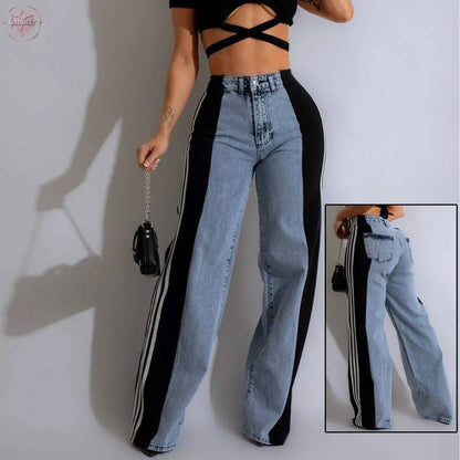 2024 Fashion Casual High Waist Elastic Straight Leg Trousers Three Stripe Patchwork Denim Wide Leg Pants Streetwear - Lamiiche