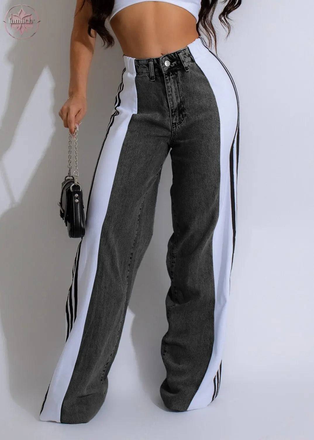 2024 Fashion Casual High Waist Elastic Straight Leg Trousers Three Stripe Patchwork Denim Wide Leg Pants Streetwear - Lamiiche