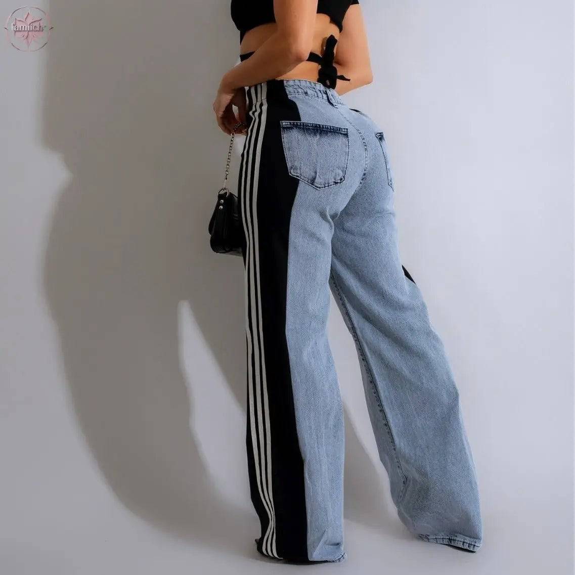 2024 Fashion Casual High Waist Elastic Straight Leg Trousers Three Stripe Patchwork Denim Wide Leg Pants Streetwear - Lamiiche