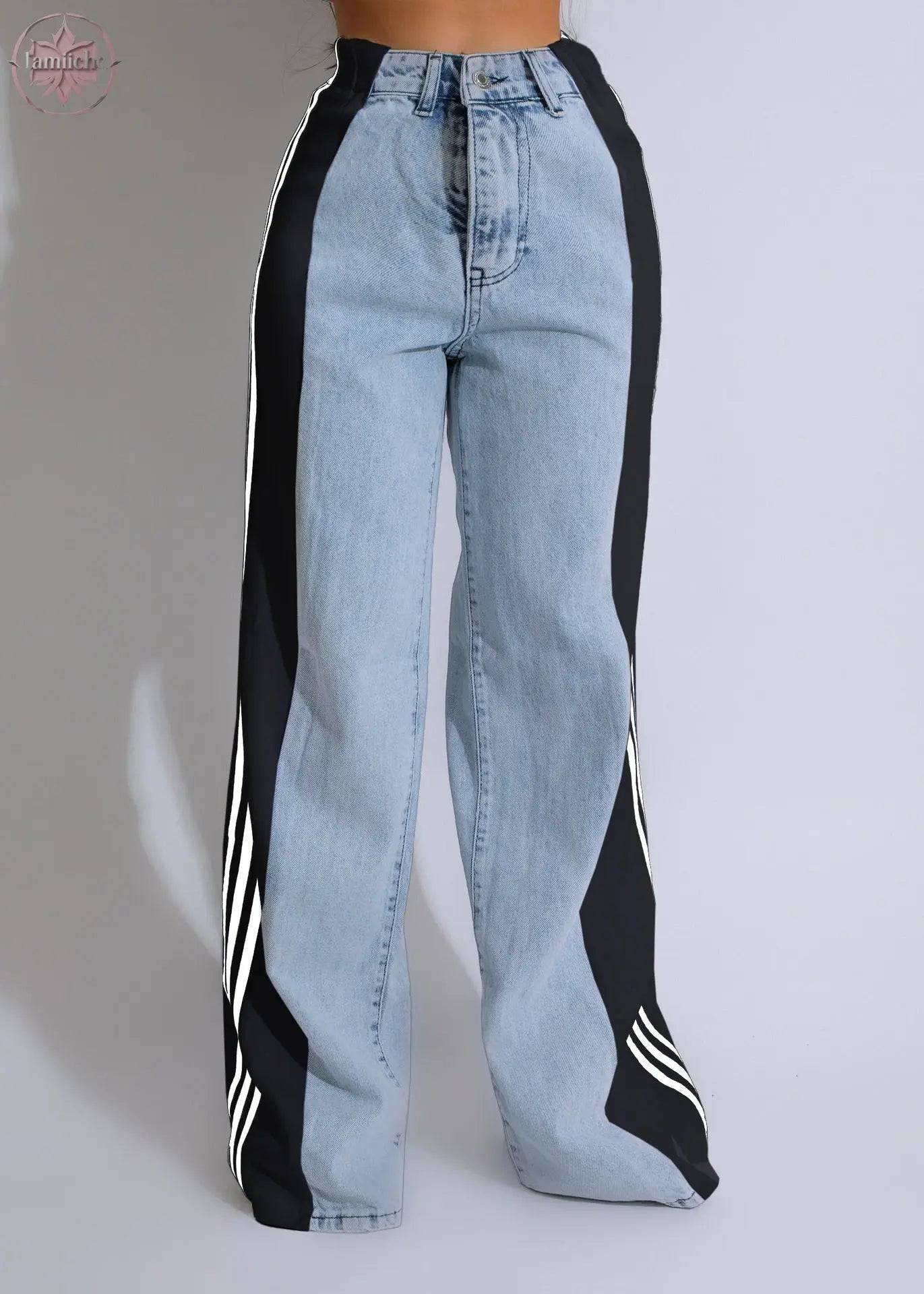 2024 Fashion Casual High Waist Elastic Straight Leg Trousers Three Stripe Patchwork Denim Wide Leg Pants Streetwear - Lamiiche