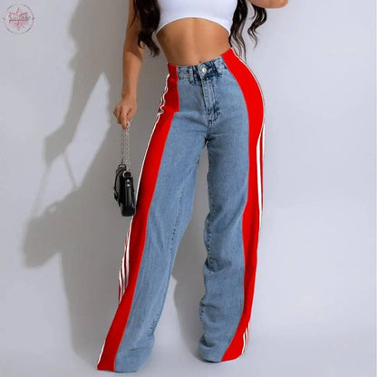 2024 Fashion Casual High Waist Elastic Straight Leg Trousers Three Stripe Patchwork Denim Wide Leg Pants Streetwear - Lamiiche