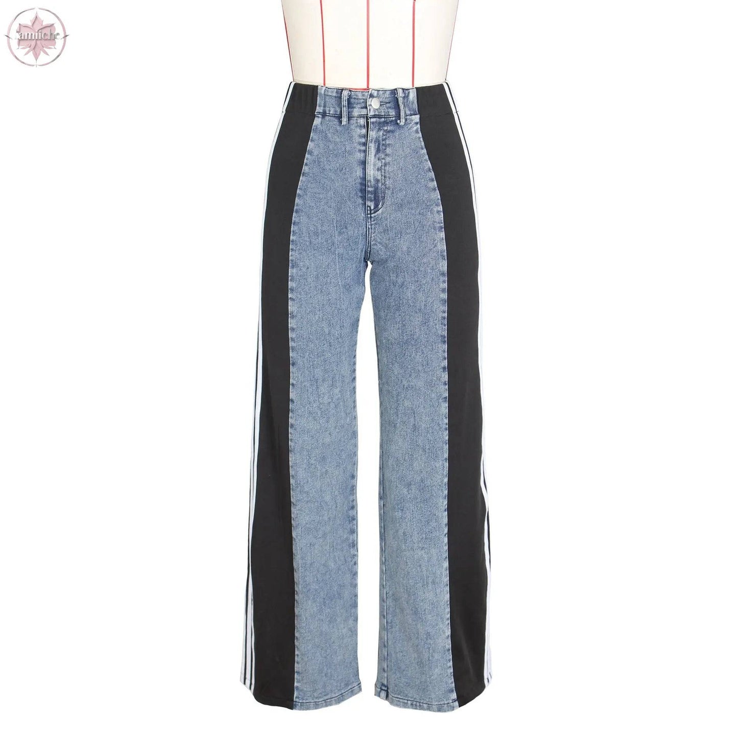 2024 Fashion Casual High Waist Elastic Straight Leg Trousers Three Stripe Patchwork Denim Wide Leg Pants Streetwear - Lamiiche