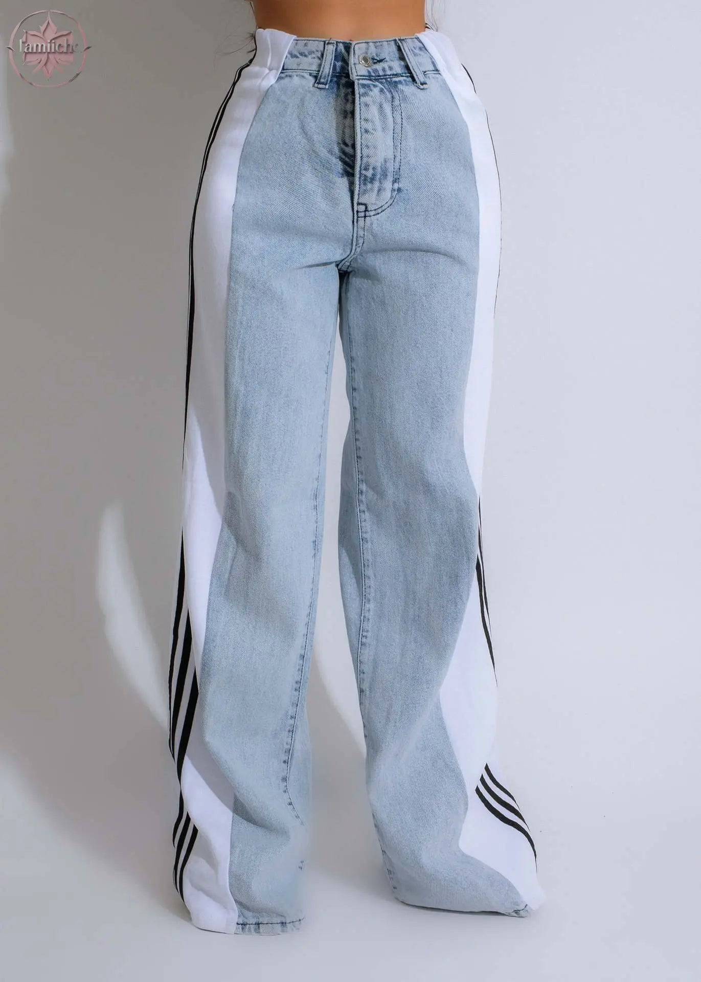 2024 Fashion Casual High Waist Elastic Straight Leg Trousers Three Stripe Patchwork Denim Wide Leg Pants Streetwear - Lamiiche