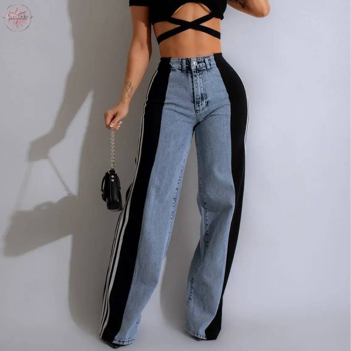 2024 Fashion Casual High Waist Elastic Straight Leg Trousers Three Stripe Patchwork Denim Wide Leg Pants Streetwear - Lamiiche