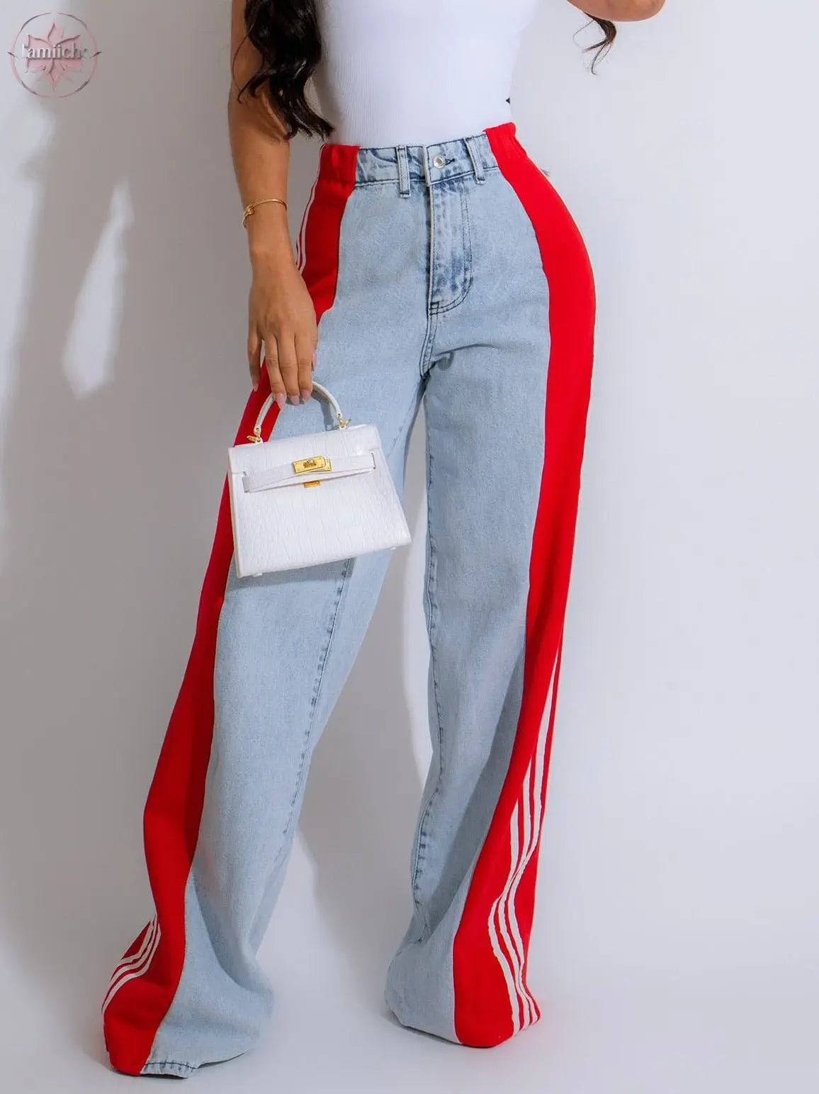 2024 Fashion Casual High Waist Elastic Straight Leg Trousers Three Stripe Patchwork Denim Wide Leg Pants Streetwear - Lamiiche