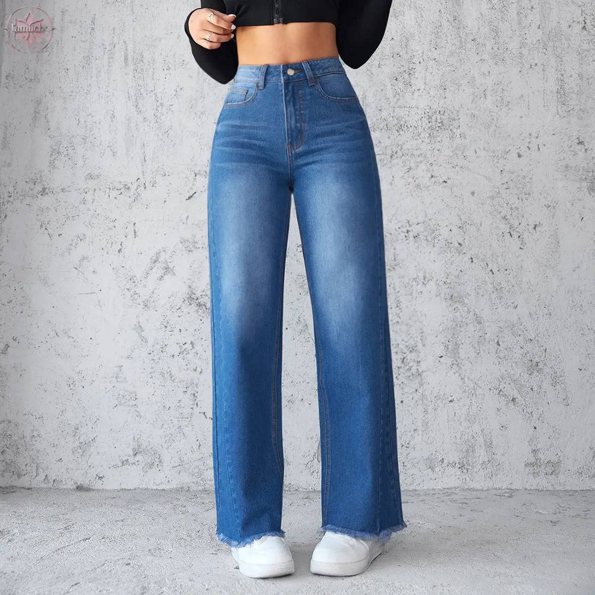 Fashion Straight Wide-leg Jeans Casual High-waist Non-elastic Womens Clothing - Lamiiche