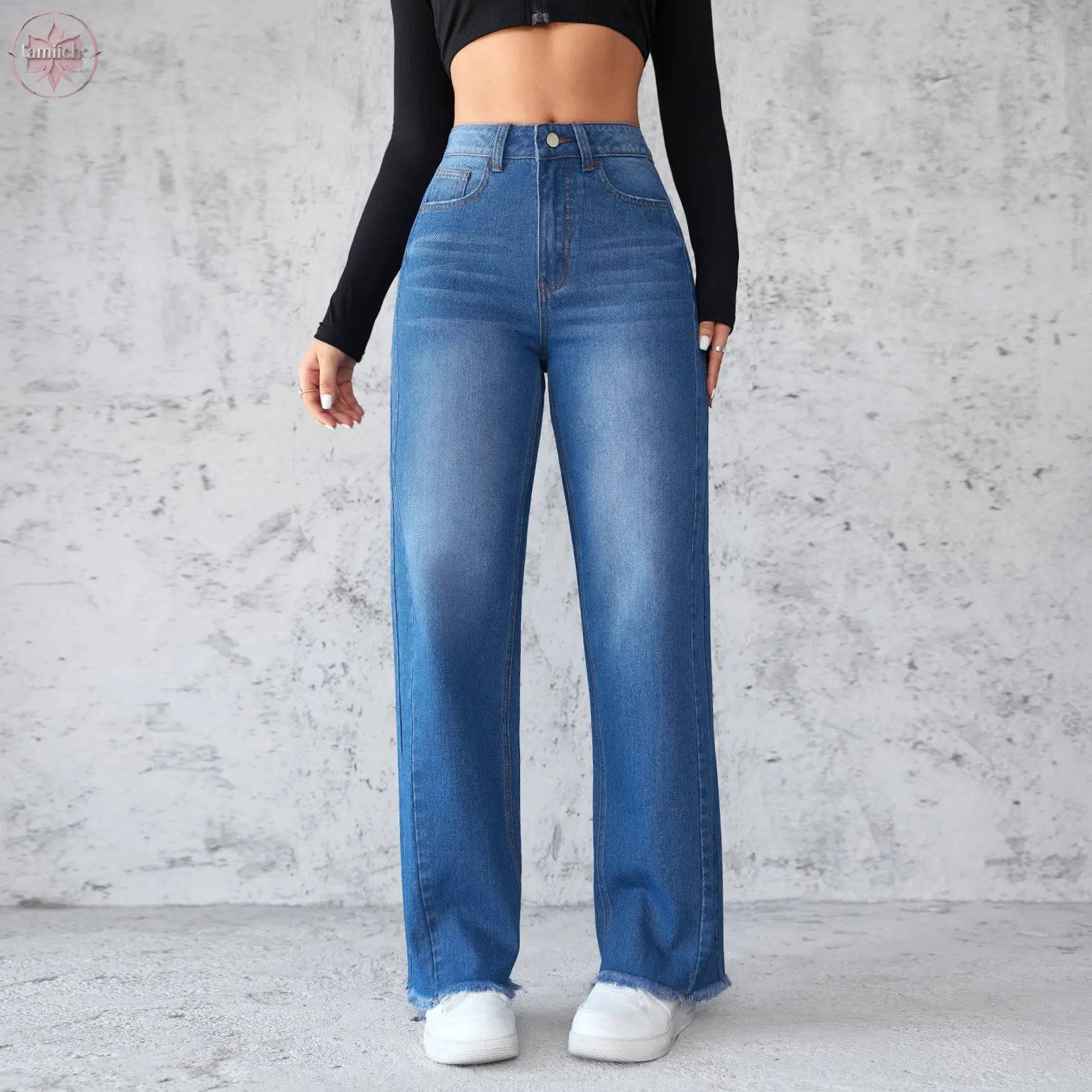 Fashion Straight Wide-leg Jeans Casual High-waist Non-elastic Womens Clothing - Lamiiche