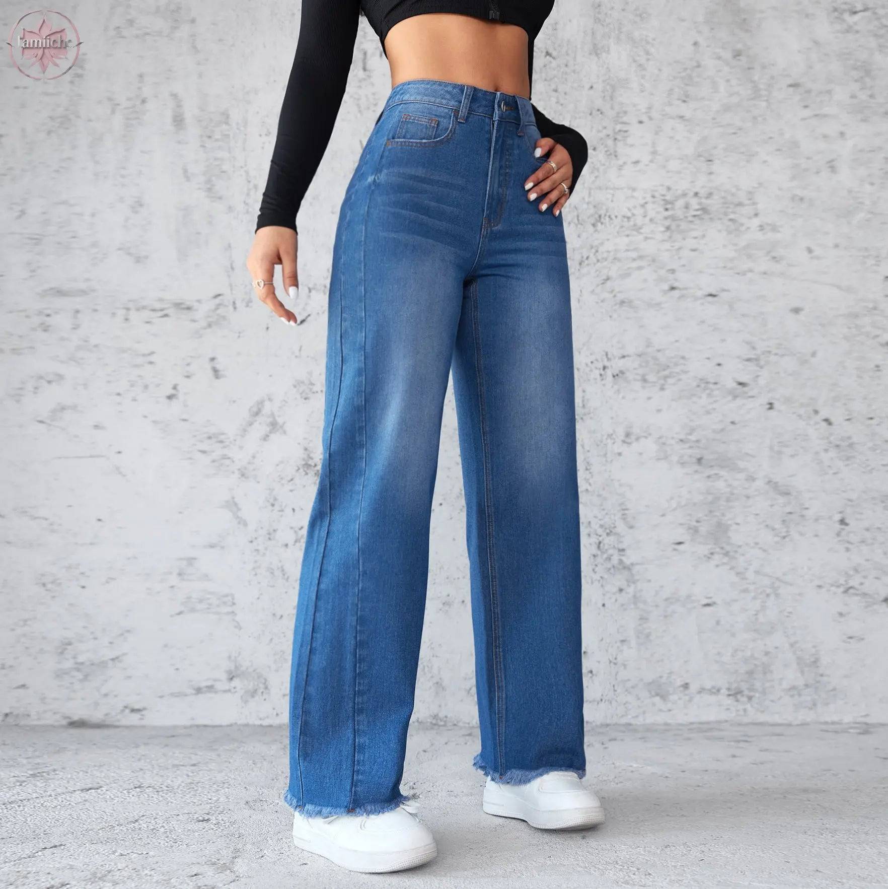 Fashion Straight Wide-leg Jeans Casual High-waist Non-elastic Womens Clothing - Lamiiche