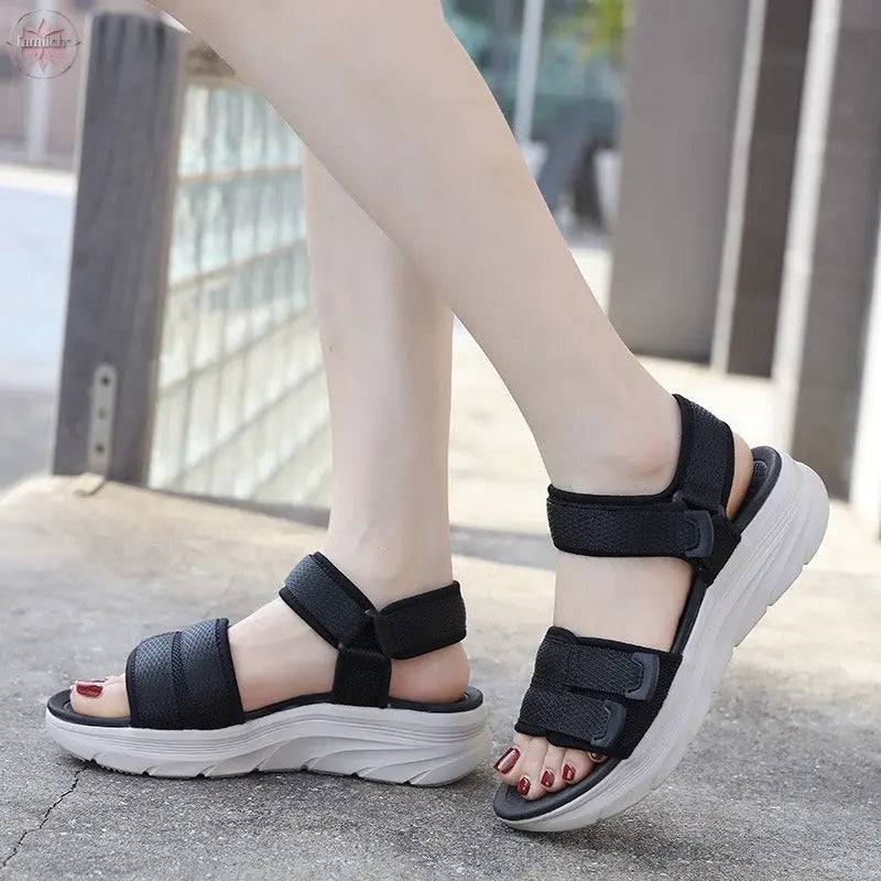 Sandals casual sporty comfortable thick soled Velcro stitching oversized women's shoes - Lamiiche