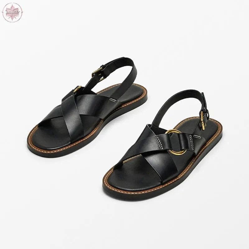 Summer new leather cross strap flat slippers black Roman sandals for women - Lamiiche