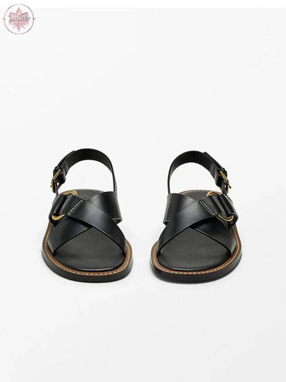 Summer new leather cross strap flat slippers black Roman sandals for women - Lamiiche