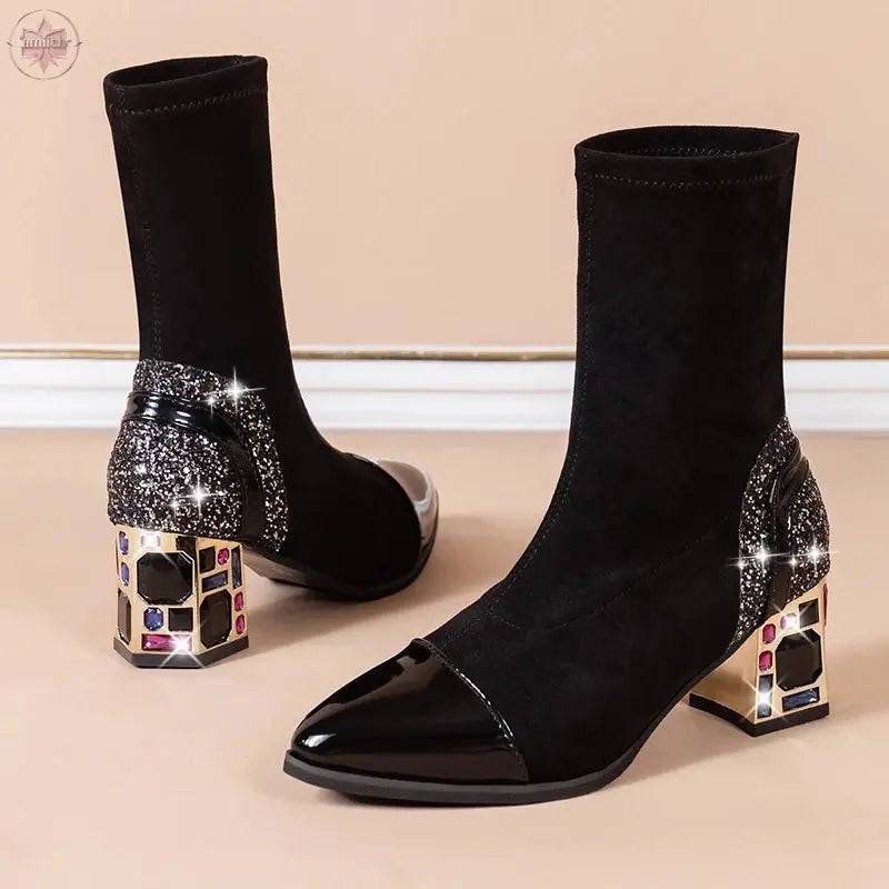 Elastic Band Socks Boots Women  Diamond Colorful Square Heels Breathable Short Ankle Boots Woman - Lamiiche