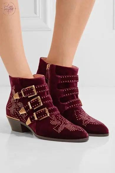 Studded Snake Skin Ankle Boots For Woman Buckle Strap Genuine Leather Chunky Heel Martin Boots Women Luxury - Lamiiche