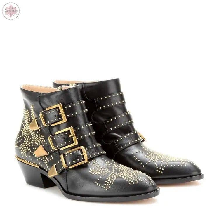 Studded Snake Skin Ankle Boots For Woman Buckle Strap Genuine Leather Chunky Heel Martin Boots Women Luxury - Lamiiche