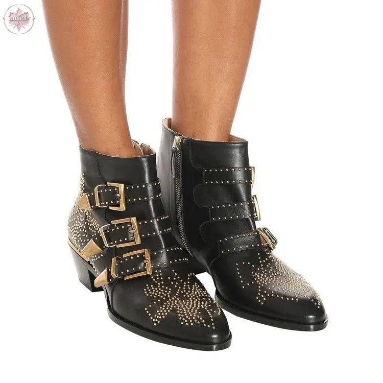 Studded Snake Skin Ankle Boots For Woman Buckle Strap Genuine Leather Chunky Heel Martin Boots Women Luxury - Lamiiche