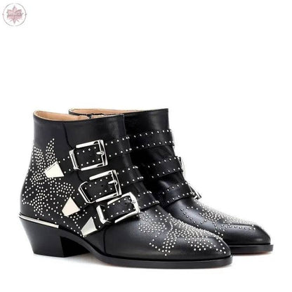 Studded Snake Skin Ankle Boots For Woman Buckle Strap Genuine Leather Chunky Heel Martin Boots Women Luxury - Lamiiche