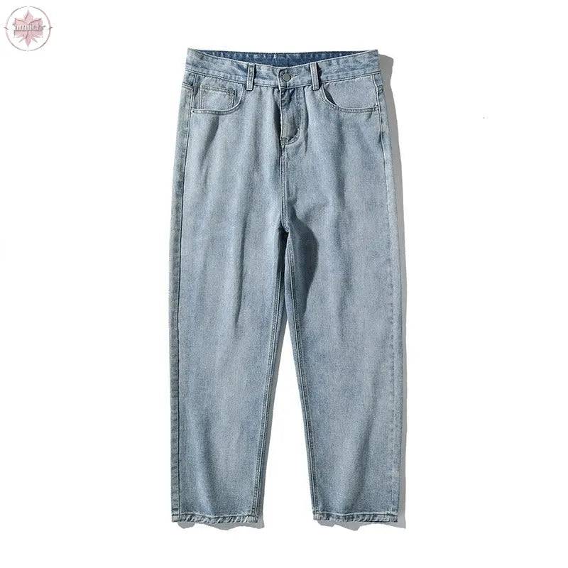 Simple solid color jeans for men washed loose straight long pants - Lamiiche