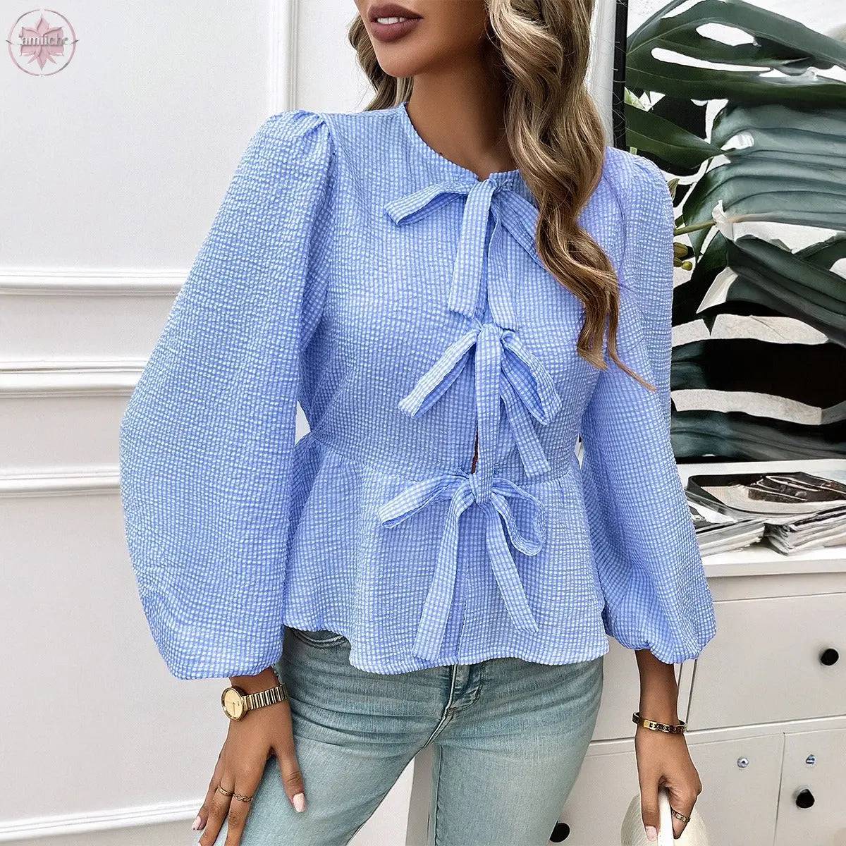 Autumn and winter women's casual bubble sleeves round neck loose long sleeved shirt for women - Lamiiche