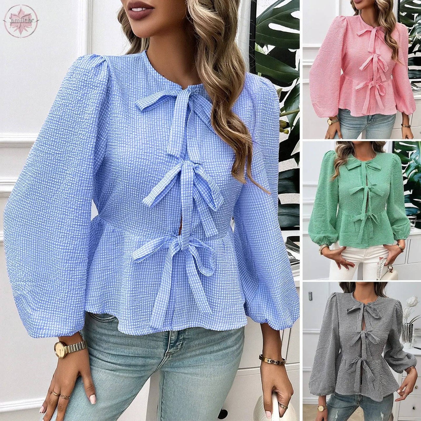 Autumn and winter women's casual bubble sleeves round neck loose long sleeved shirt for women - Lamiiche