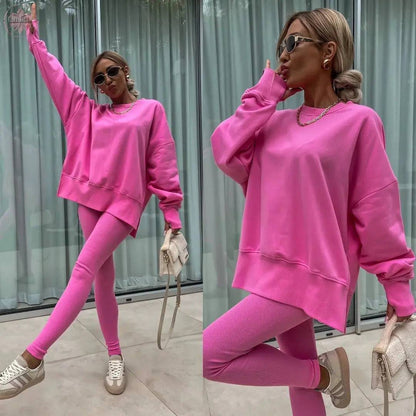 New Spring Women's Wear European and American Casual Tight Pants Loose Hoodie Set Two Piece Set - Lamiiche