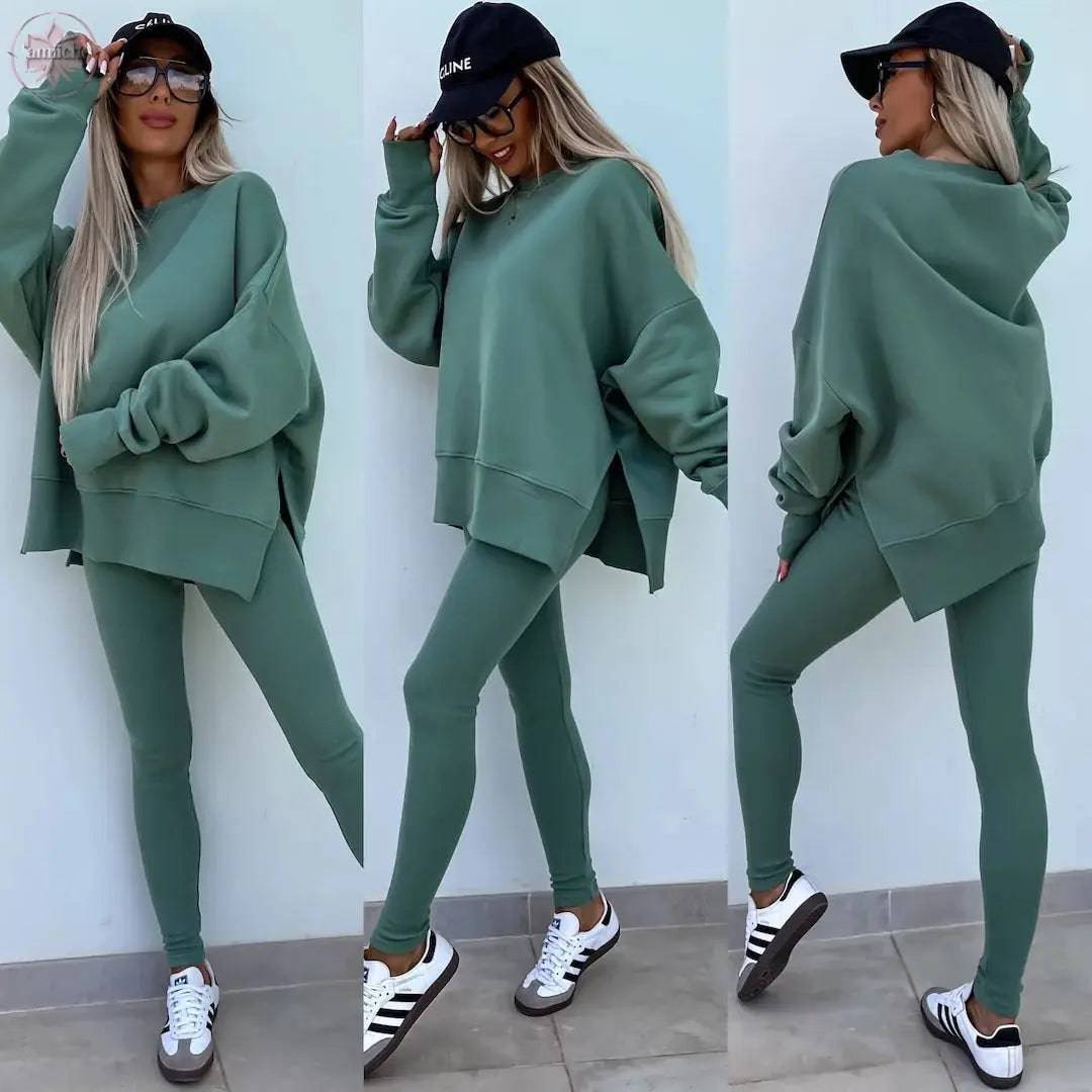 New Spring Women's Wear European and American Casual Tight Pants Loose Hoodie Set Two Piece Set - Lamiiche