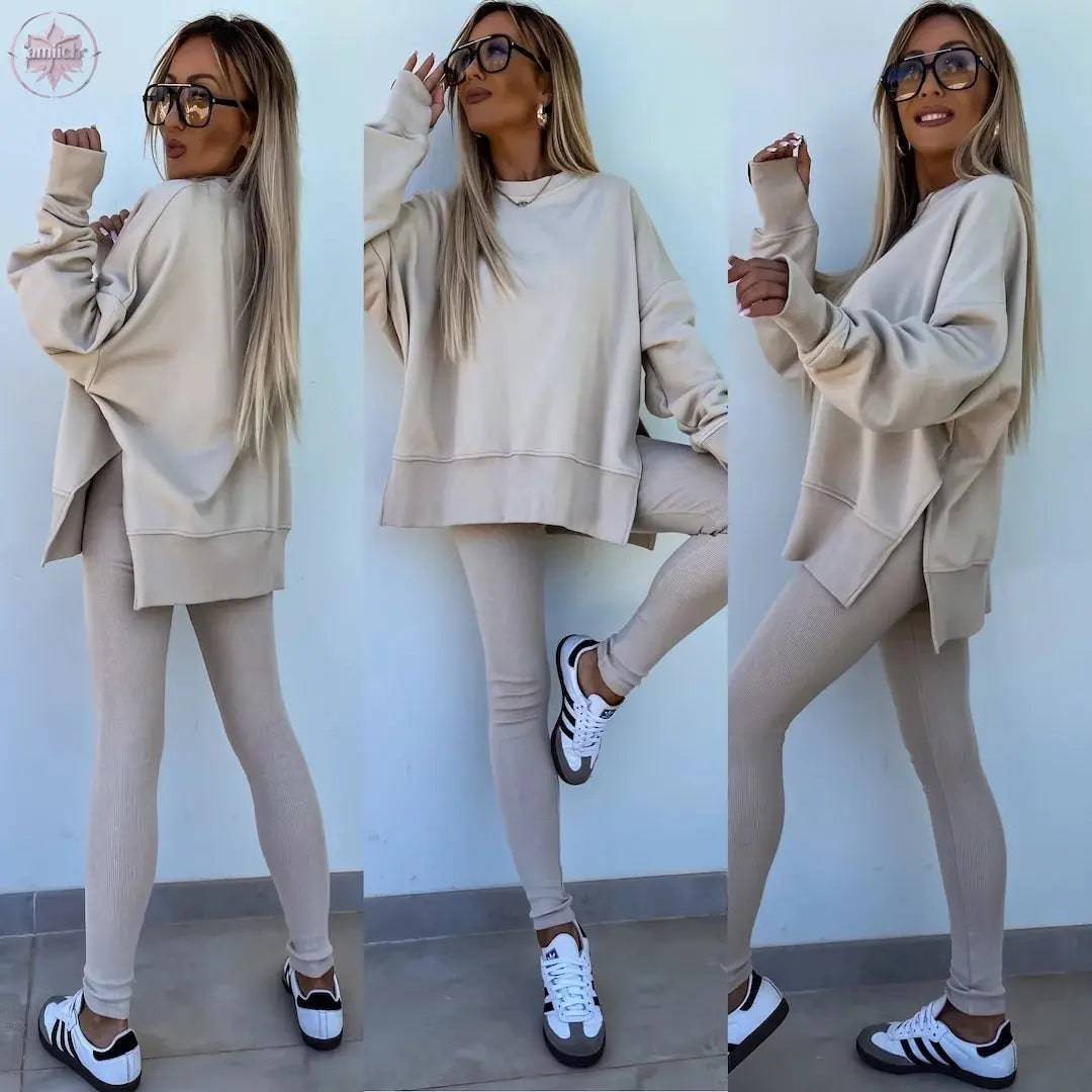 New Spring Women's Wear European and American Casual Tight Pants Loose Hoodie Set Two Piece Set - Lamiiche