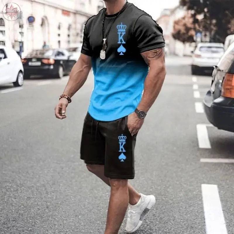 3D printed men's round neck short sleeved casual T-shirt set for men - Lamiiche