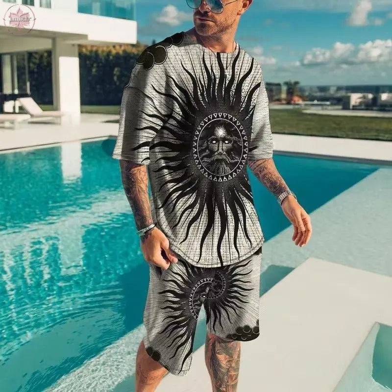 3D printed men's round neck short sleeved casual T-shirt set for men - Lamiiche