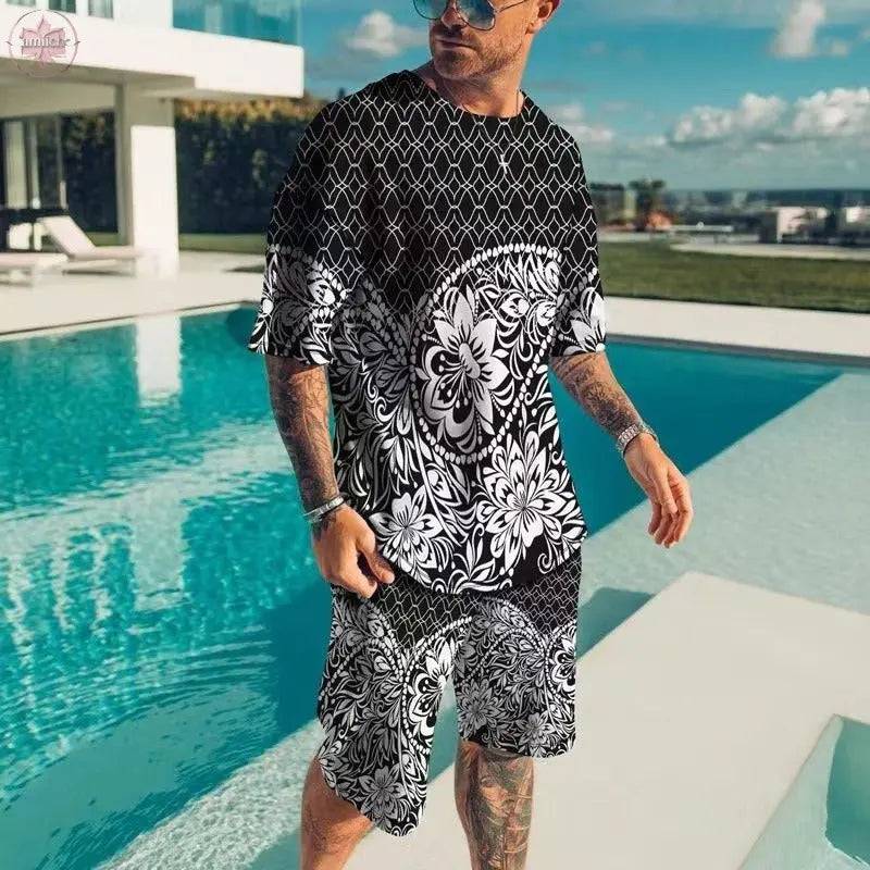 3D printed men's round neck short sleeved casual T-shirt set for men - Lamiiche