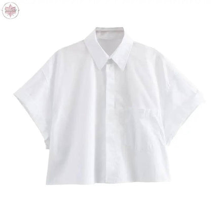 Fashion collar short sleeved single breasted solid color poplin shirt for women - Lamiiche