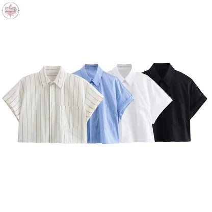Fashion collar short sleeved single breasted solid color poplin shirt for women - Lamiiche