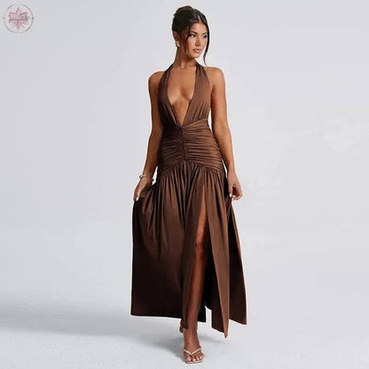 Women's temperament hanging neck V-neck long skirt sexy slit pleated backless dress - Lamiiche