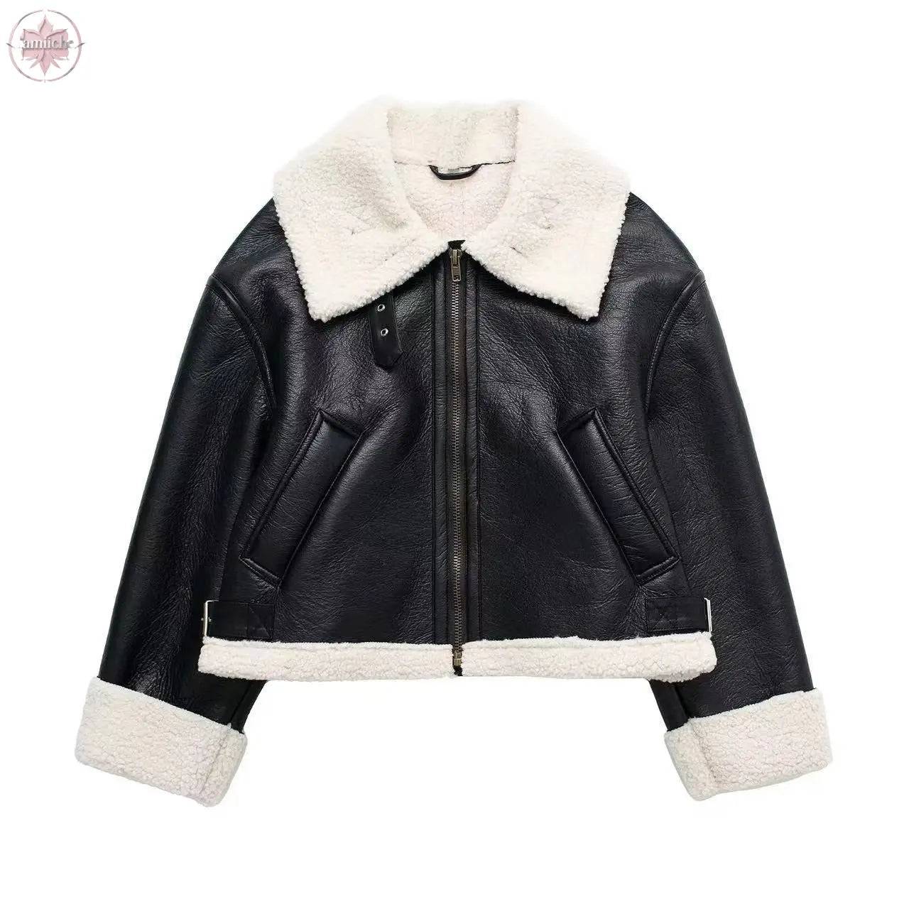 Retro fur one-piece double-sided short motorcycle suit, women's thick double-sided lambskin jacket jacket - Lamiiche