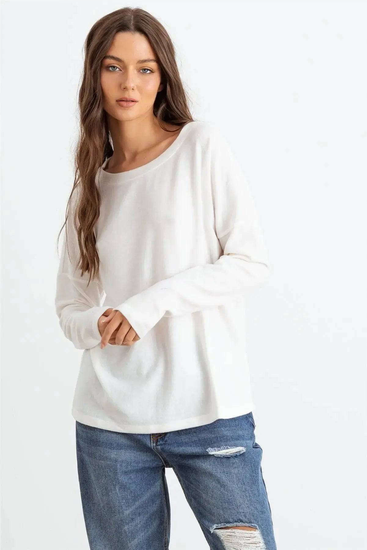 Off-White Long Sleeve Crew Neck Soft To Touch Top - Lamiiche