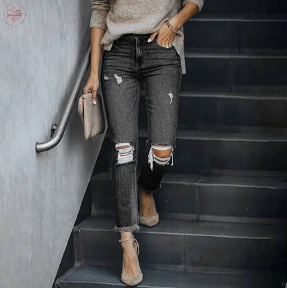 Jeans Woman Ripped Slim Fit Streetwear Casual High Waist Black Skinny Vintage Fashion Stretch Women's Pants - Lamiiche