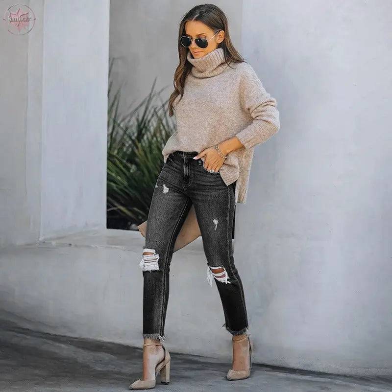 Jeans Woman Ripped Slim Fit Streetwear Casual High Waist Black Skinny Vintage Fashion Stretch Women's Pants - Lamiiche