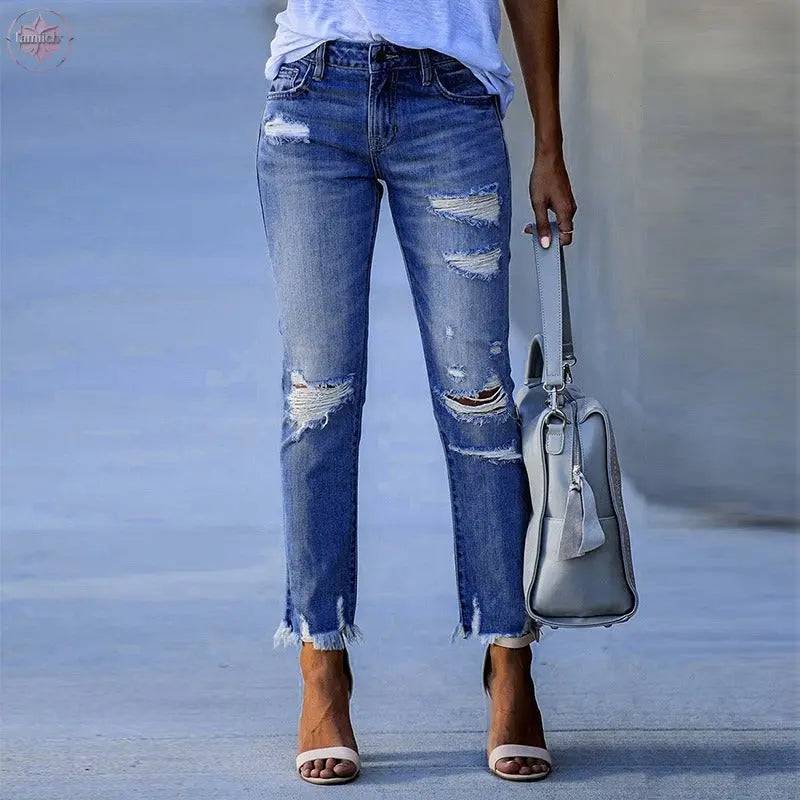 New Pencil Pants Ripped Slim Fit High Waist Vintage Streetwear Casual Fashion Stretch Blue Jeans Woman - Lamiiche