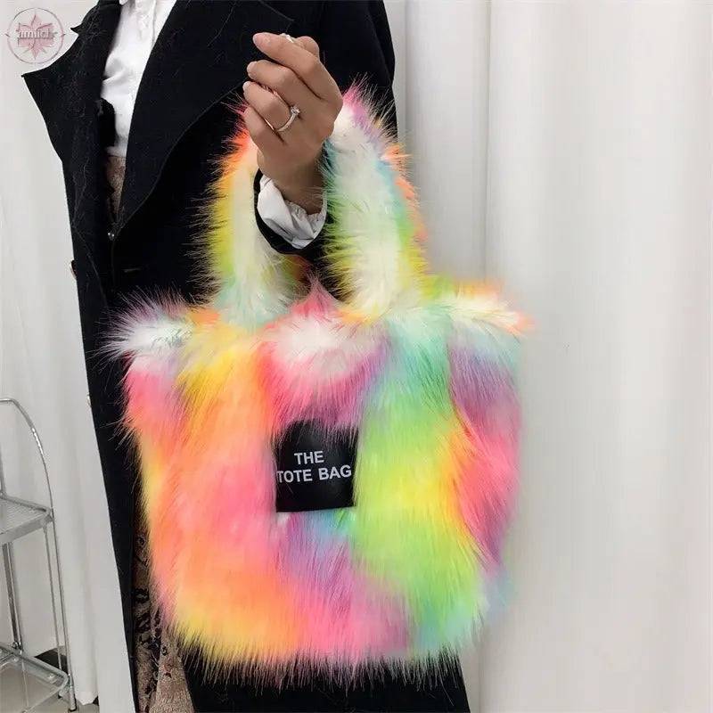 Crossbody Tote Bag Imitation Raccoon Fur Grass Plush Large Capacity Tote Bag Personalized Retro - Lamiiche