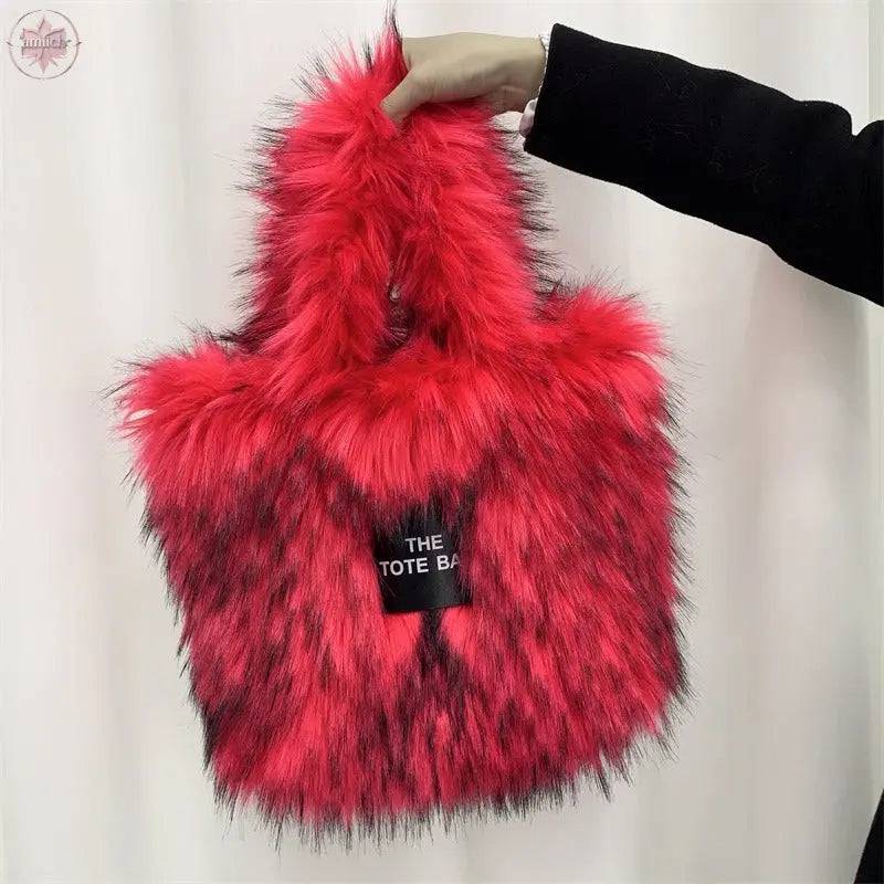Crossbody Tote Bag Imitation Raccoon Fur Grass Plush Large Capacity Tote Bag Personalized Retro - Lamiiche