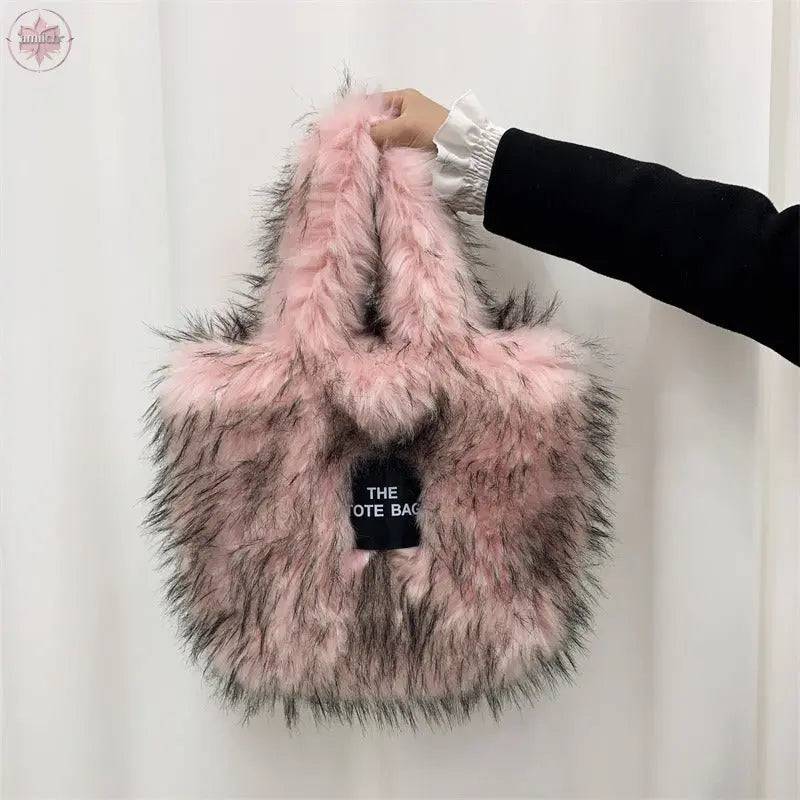 Crossbody Tote Bag Imitation Raccoon Fur Grass Plush Large Capacity Tote Bag Personalized Retro - Lamiiche